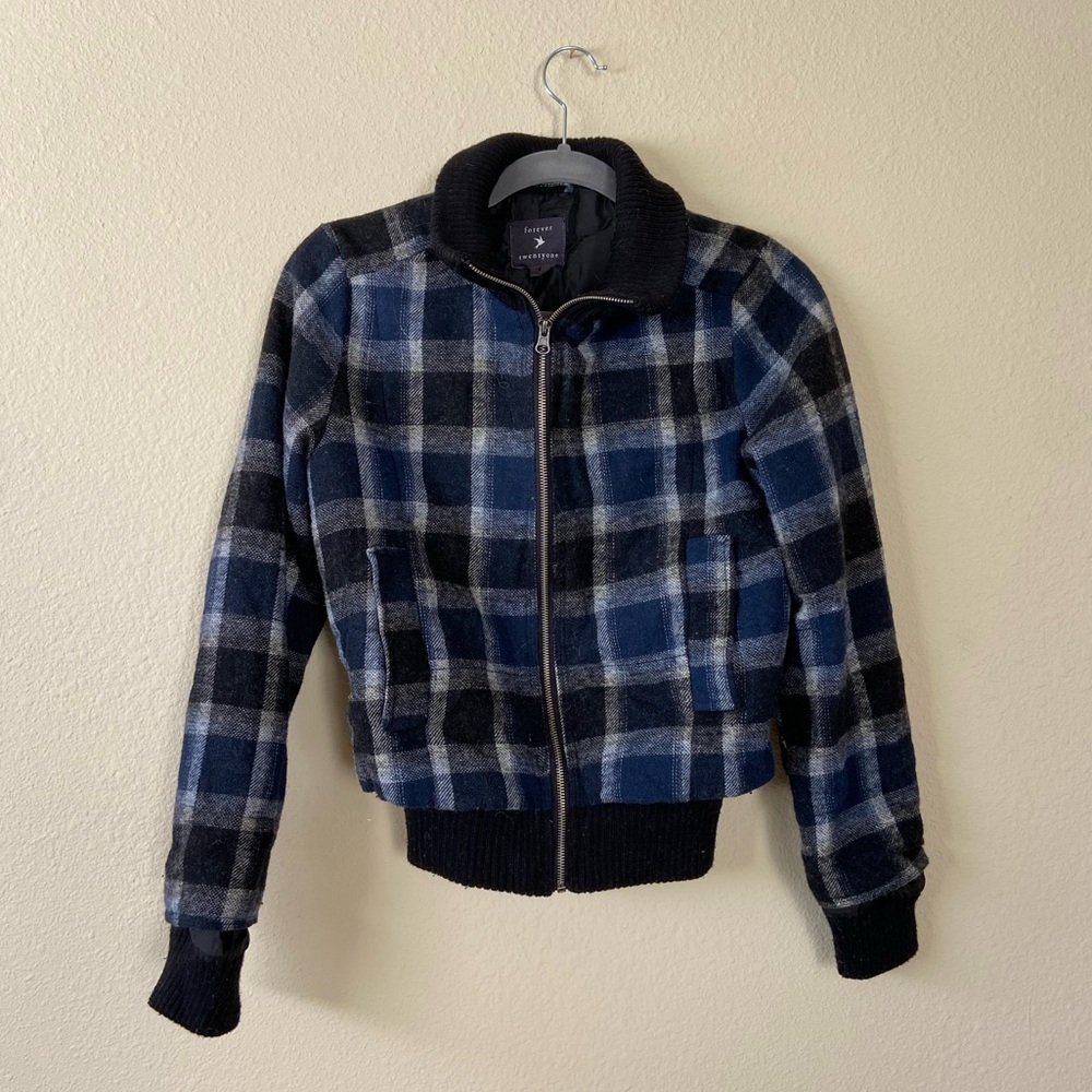 vintage y2k-era forever 21 wool blend plaid bomber jacket